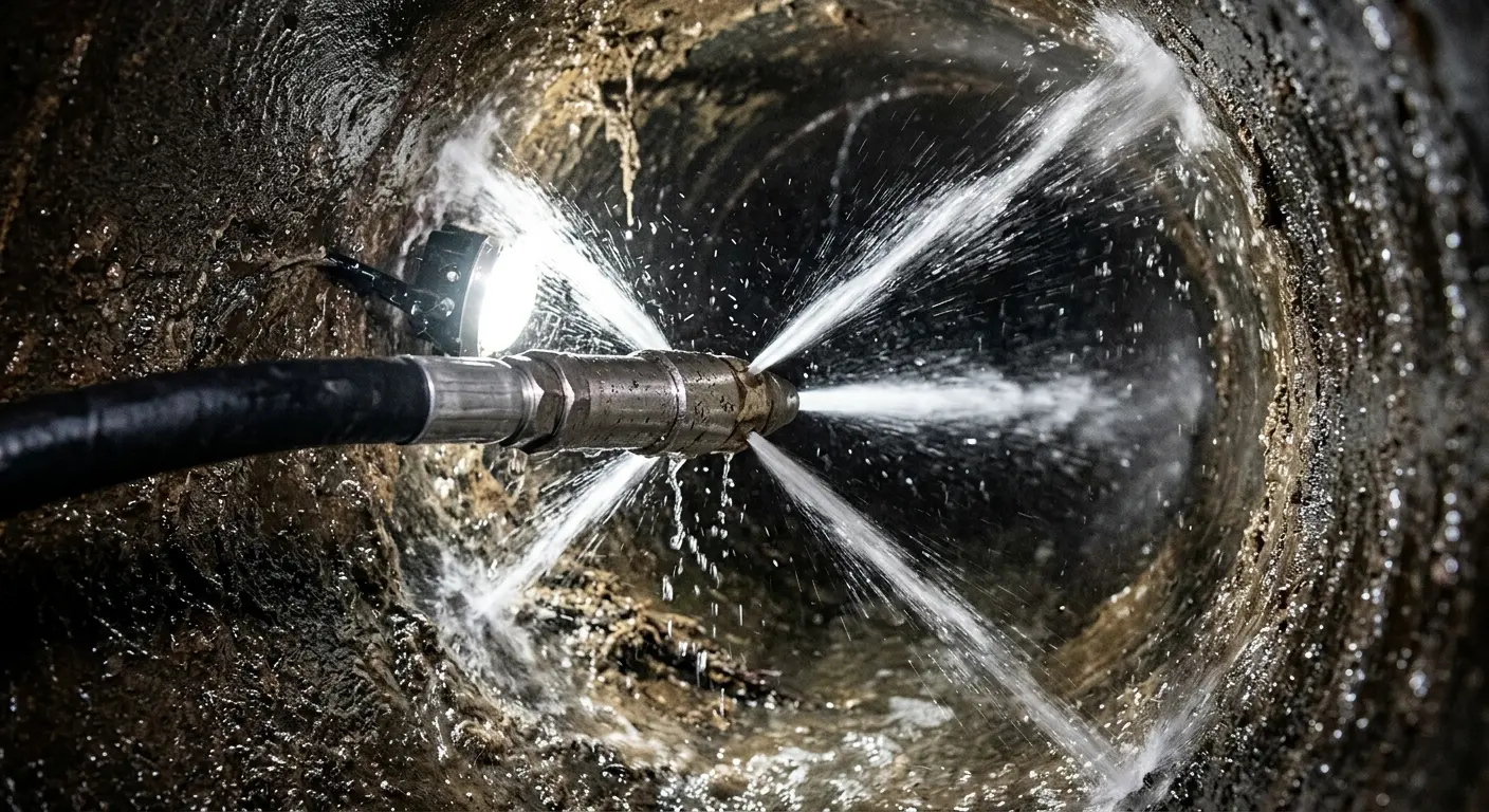 High-pressure hydro jetting nozzle cleaning sewer pipe for Emergency Drain Service in La Habra Heights