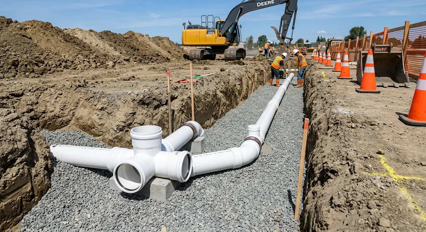 New PVC sewer pipe installation in open trench for Commercial Drain Cleaning in La Habra Heights
