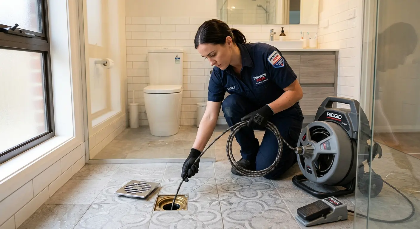 Technician clearing a bathroom floor drain for Clogged Drain Repair in La Habra Heights